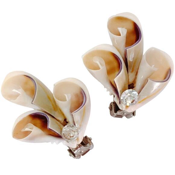 Vintage Mid Century Shell Clip On Earrings Rhinestone Souvenir Jewelry Tropical - Picture 1 of 13